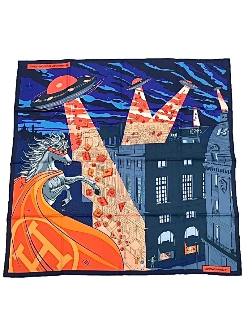 Hermes Carre 90 Scarf Space Shopping at Faubourg Blue - Picture 1 of 7